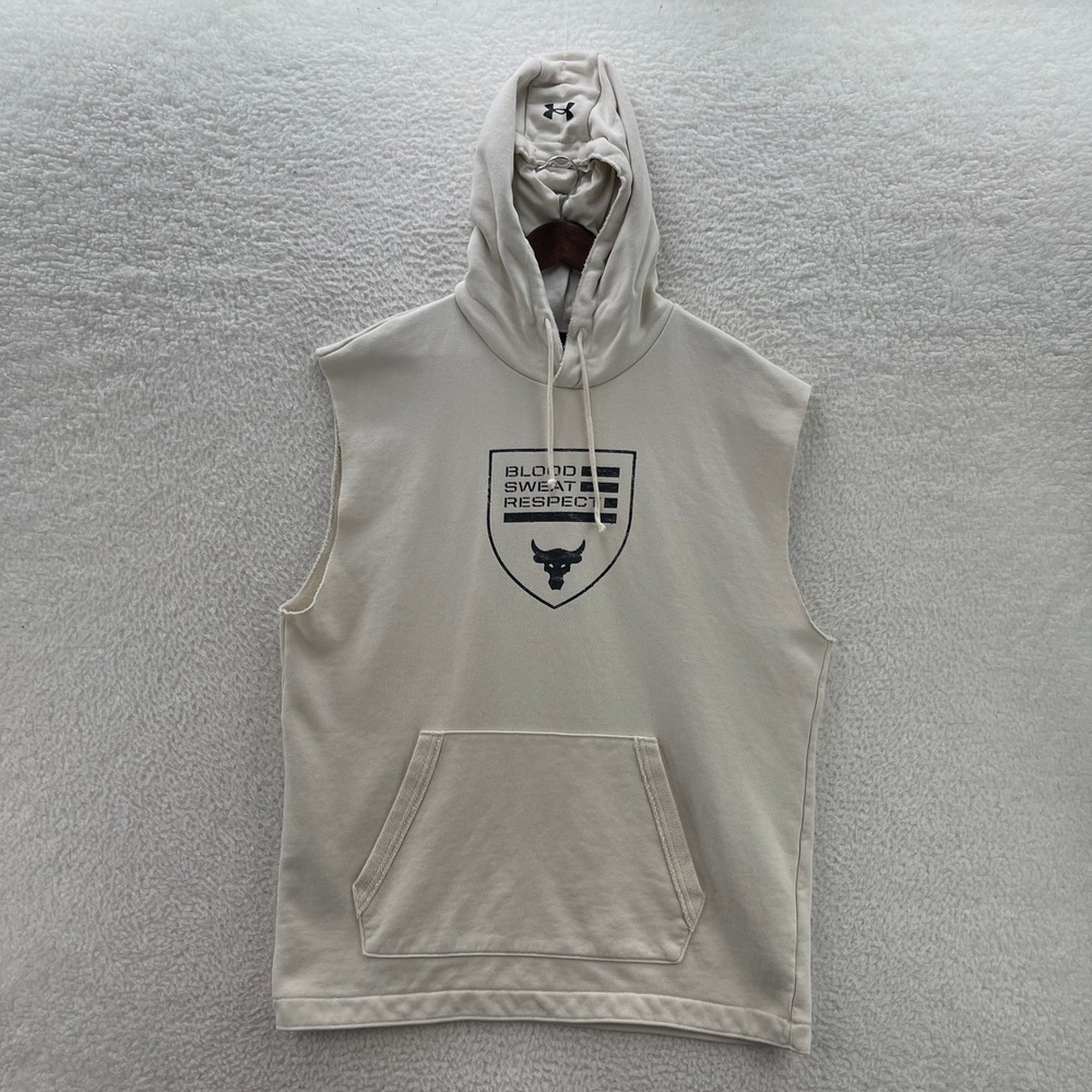 Under Armour Project Rock Hoodie Men 2XL Cream Sleeveless Vest Gym Bodybuilding